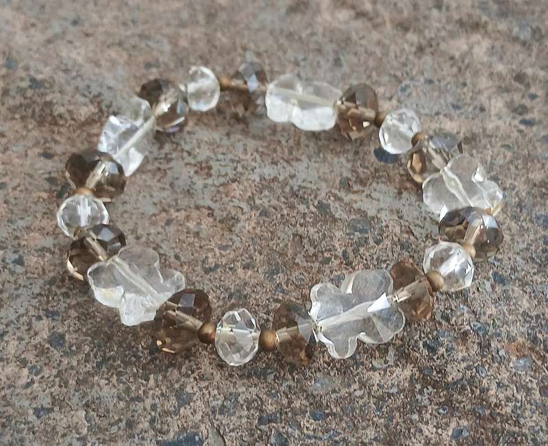 Vintage Stretch Bracelet | Smokey Quartz & Clear Glass Beads with Butterfly Accents
