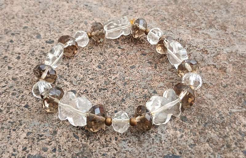 Vintage Stretch Bracelet | Smokey Quartz & Clear Glass Beads with Butterfly Accents