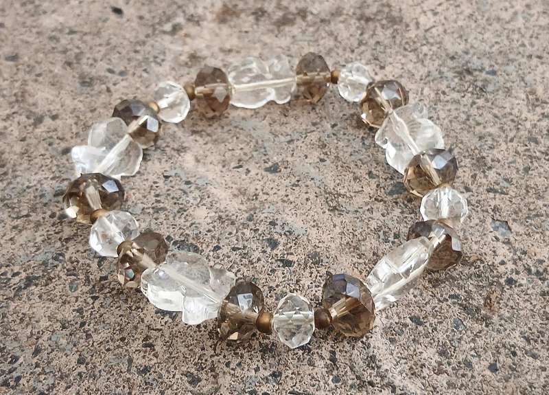 Vintage Stretch Bracelet | Smokey Quartz & Clear Glass Beads with Butterfly Accents