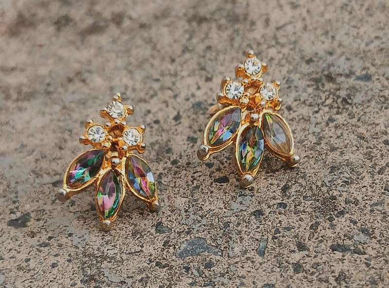 Vintage Gold-Tone Stud Earrings | Iridescent Marquise Stones | Mid-Century Cluster Style