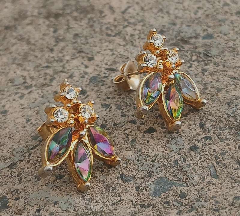 Vintage Gold-Tone Stud Earrings | Iridescent Marquise Stones | Mid-Century Cluster Style