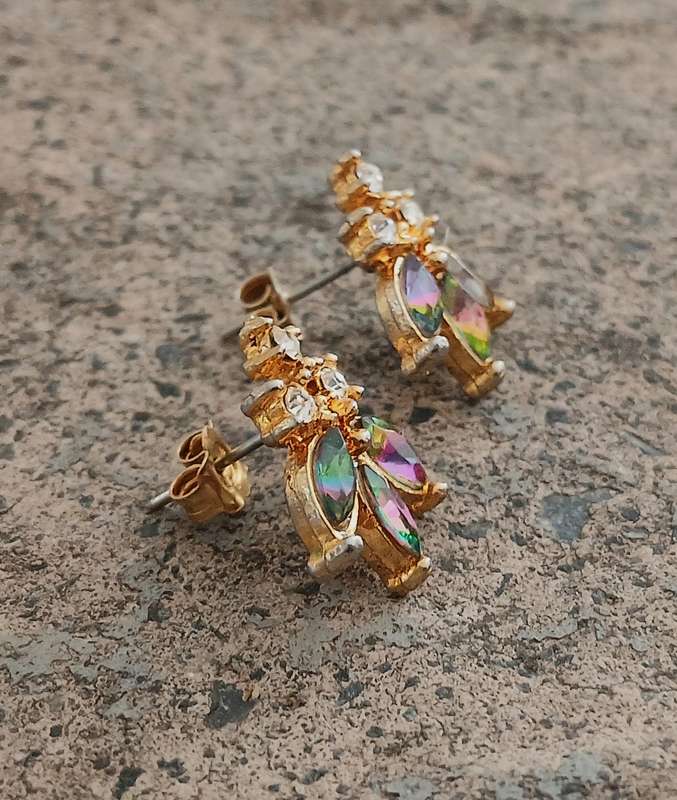 Vintage Gold-Tone Stud Earrings | Iridescent Marquise Stones | Mid-Century Cluster Style