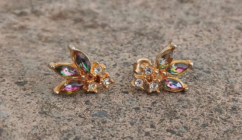 Vintage Gold-Tone Stud Earrings | Iridescent Marquise Stones | Mid-Century Cluster Style
