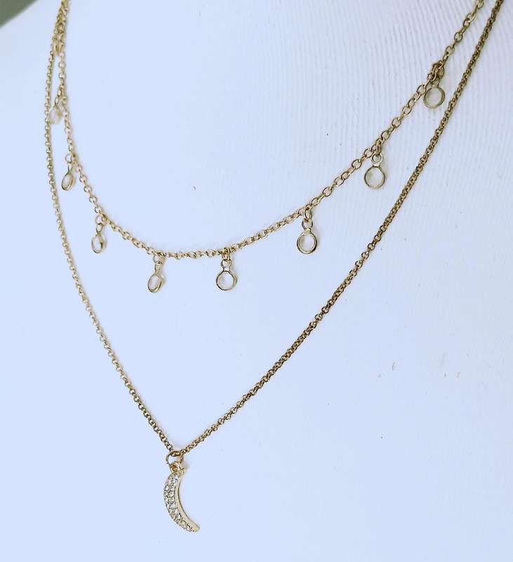 Vintage Gold-Tone Double Strand Necklace with Sparkling Moon Pendant
