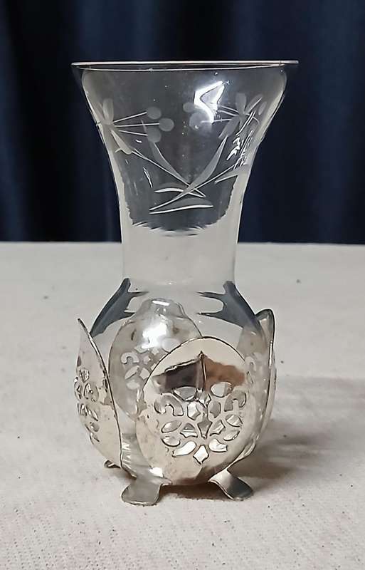 Elegant Vintage German Genuine Hand-cut Crystal Bud Vase with Ornate Silver-Plated Holder