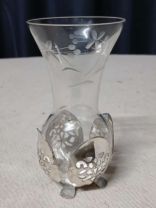 Elegant Vintage German Genuine Hand-cut Crystal Bud Vase with Ornate Silver-Plated Holder