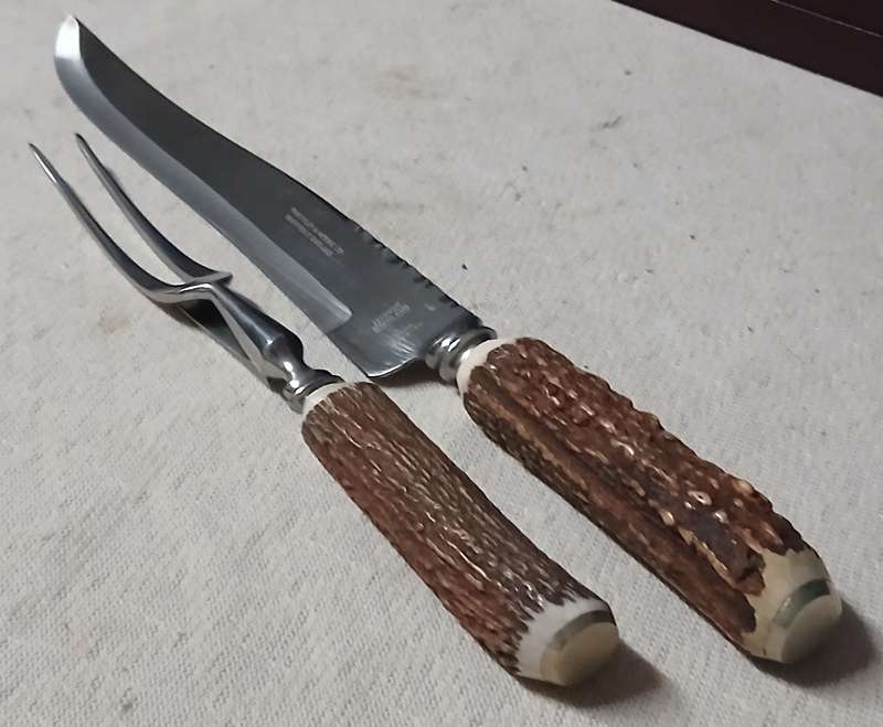 Vintage Priestley & Moore Antler Handle Carving Set - Sheffield, England c1950/60