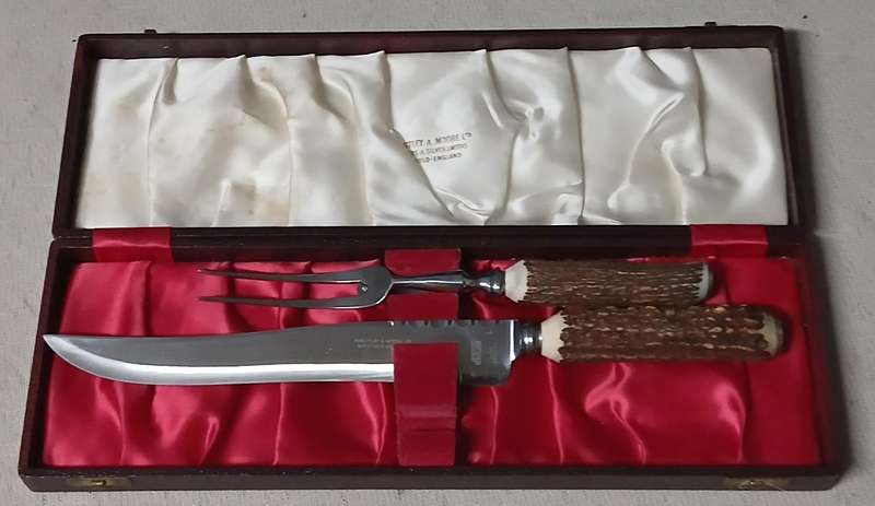 Vintage Priestley & Moore Antler Handle Carving Set - Sheffield, England c1950/60