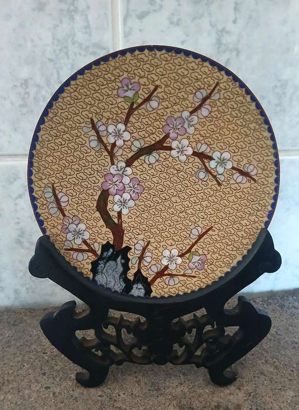 Vintage Chinese Cloisonné Plate with Cherry Blossom Design and Carved Wooden Stand