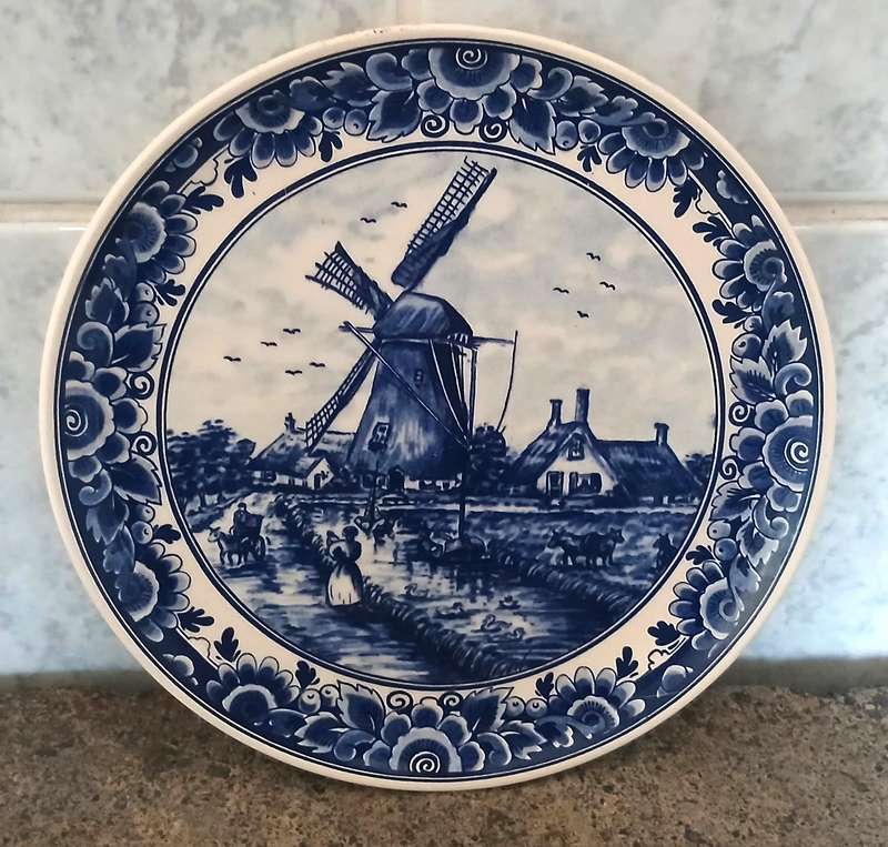 Vintage Delft-Style Decorative Plate  Classic Windmill Scene