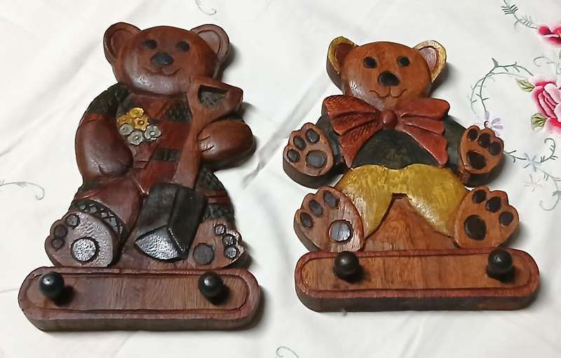 Vintage Pair of Hand-Carved & Hand-Painted Wooden Teddy Bear Wall Hooks