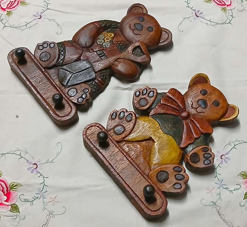 Vintage Pair of Hand-Carved & Hand-Painted Wooden Teddy Bear Wall Hooks