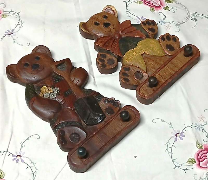 Vintage Pair of Hand-Carved & Hand-Painted Wooden Teddy Bear Wall Hooks