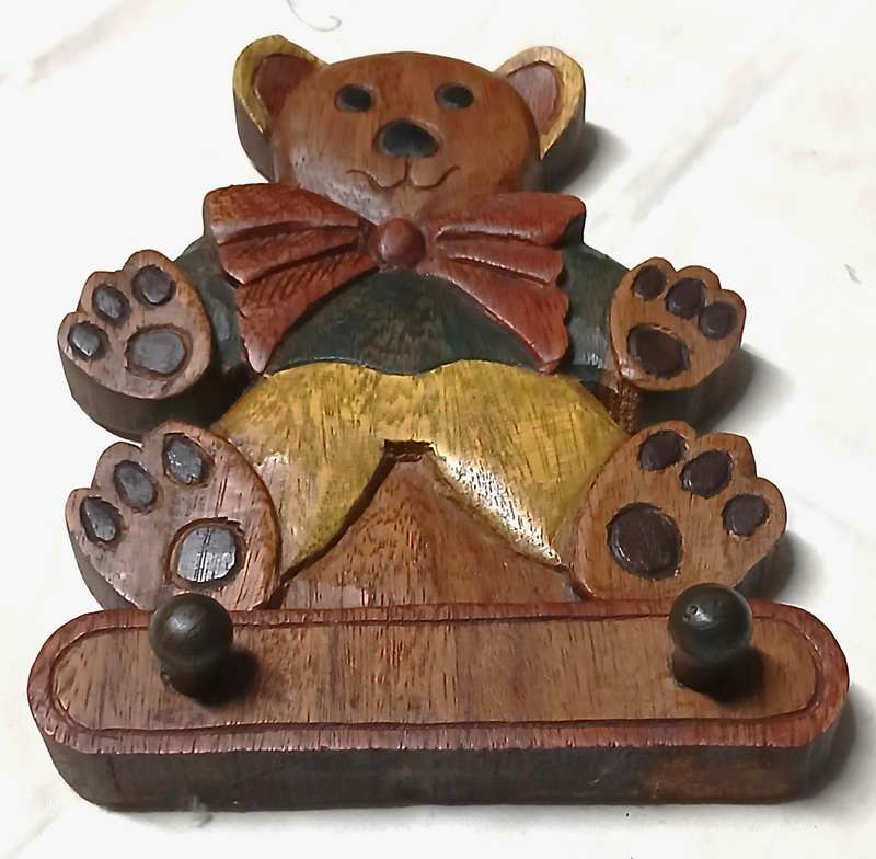 Vintage Pair of Hand-Carved & Hand-Painted Wooden Teddy Bear Wall Hooks