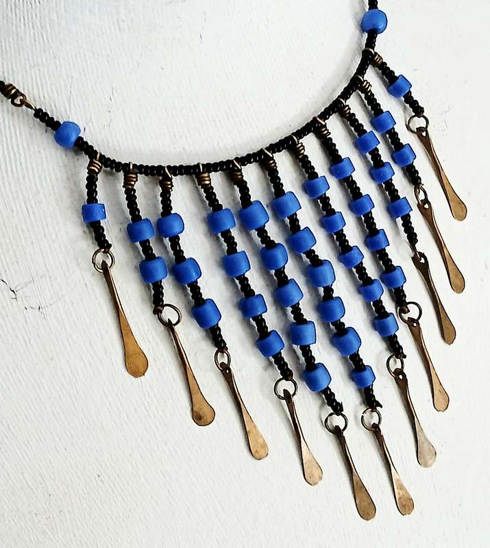 Striking Art Deco Egyptian Revival Bib Necklace - Opaque Blue & Jet Black Glass with Brass Accents