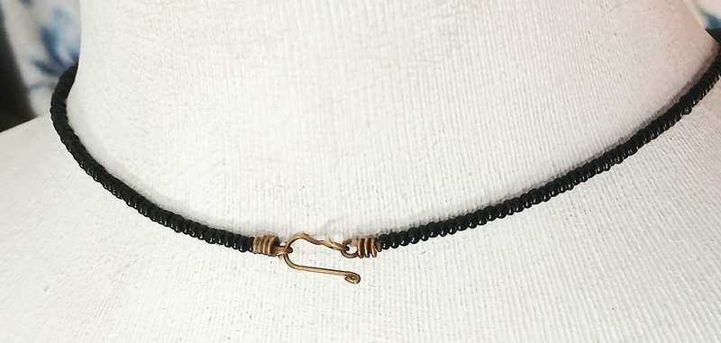 Striking Art Deco Egyptian Revival Bib Necklace - Opaque Blue & Jet Black Glass with Brass Accents