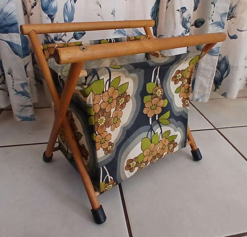 Vintage Foldable Wooden Knitting & Craft Caddy with Retro Fabric c1970
