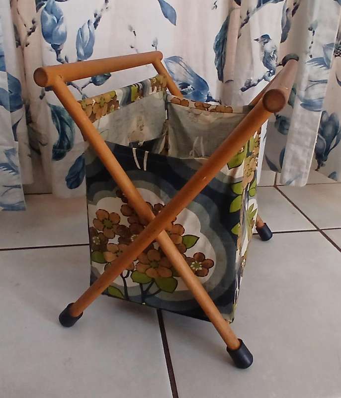 Vintage Foldable Wooden Knitting & Craft Caddy with Retro Fabric c1970