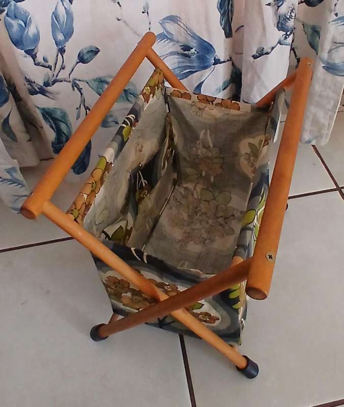 Vintage Foldable Wooden Knitting & Craft Caddy with Retro Fabric c1970