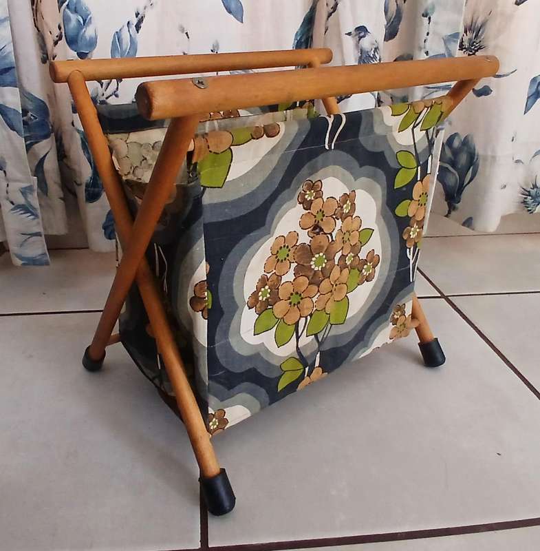Vintage Foldable Wooden Knitting & Craft Caddy with Retro Fabric c1970