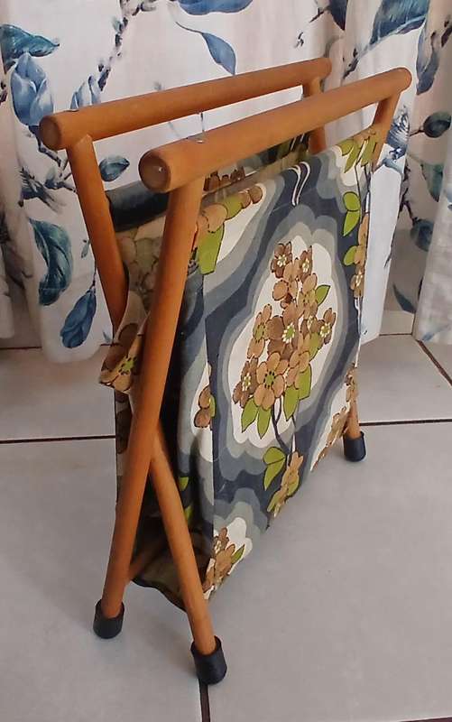 Vintage Foldable Wooden Knitting & Craft Caddy with Retro Fabric c1970