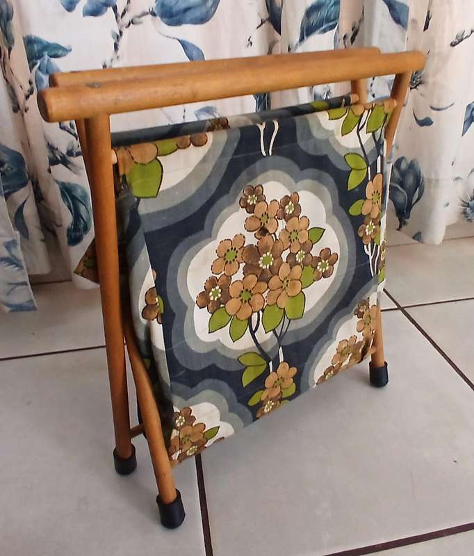 Vintage Foldable Wooden Knitting & Craft Caddy with Retro Fabric c1970