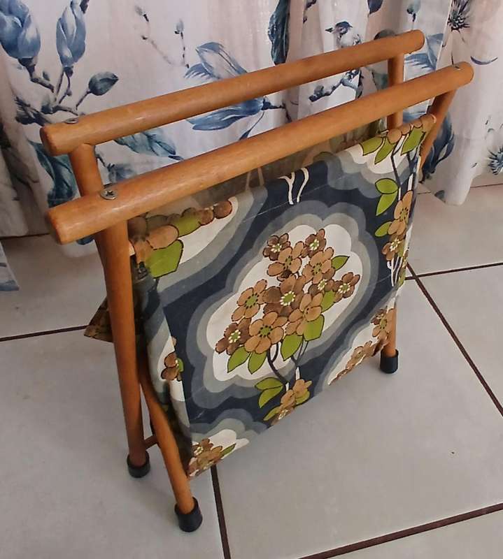 Vintage Foldable Wooden Knitting & Craft Caddy with Retro Fabric c1970