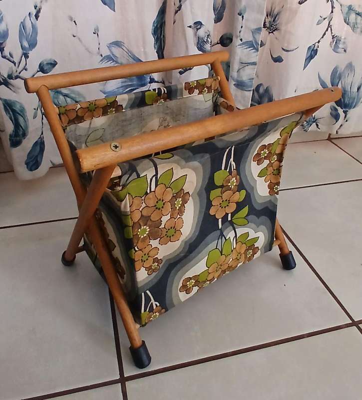 Vintage Foldable Wooden Knitting & Craft Caddy with Retro Fabric c1970