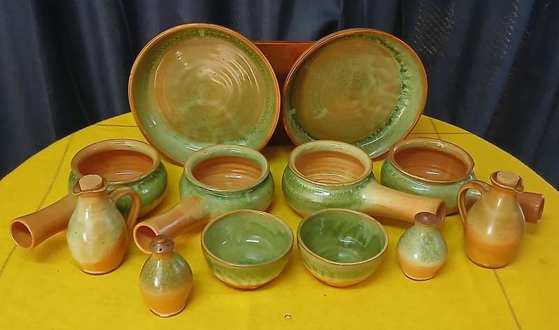 Earthy Bespoke Studio Pottery Dinnerware & Serving Set - Green Mottled Glaze