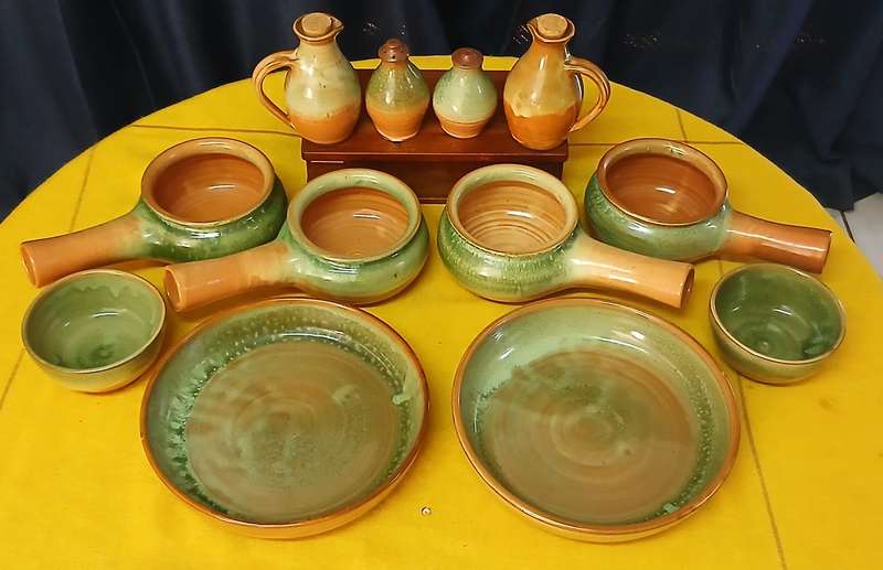 Earthy Bespoke Studio Pottery Dinnerware & Serving Set - Green Mottled Glaze