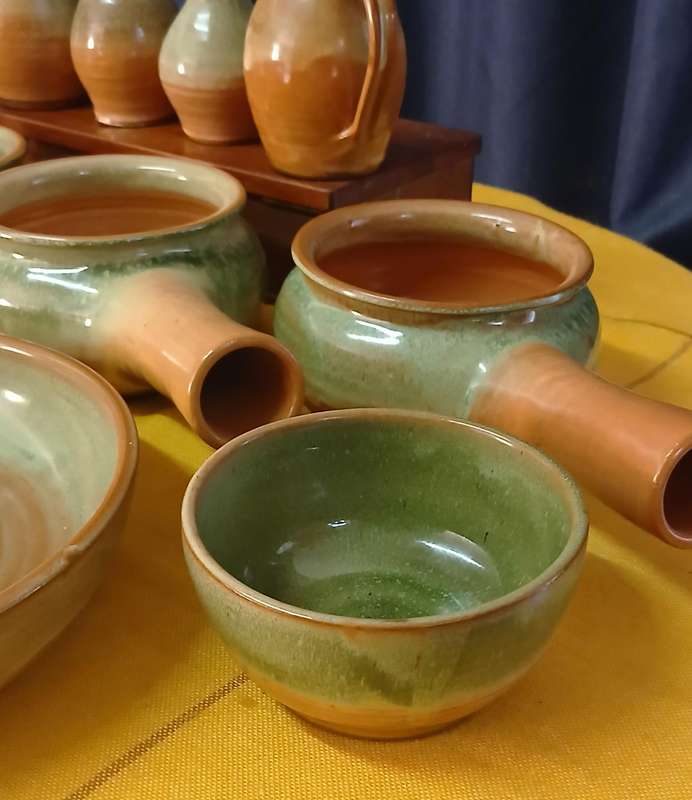Earthy Bespoke Studio Pottery Dinnerware & Serving Set - Green Mottled Glaze