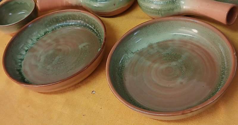Earthy Bespoke Studio Pottery Dinnerware & Serving Set - Green Mottled Glaze
