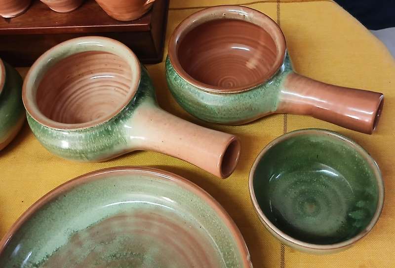 Earthy Bespoke Studio Pottery Dinnerware & Serving Set - Green Mottled Glaze