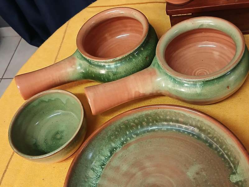 Earthy Bespoke Studio Pottery Dinnerware & Serving Set - Green Mottled Glaze