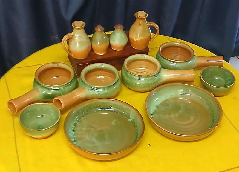 Earthy Bespoke Studio Pottery Dinnerware & Serving Set - Green Mottled Glaze