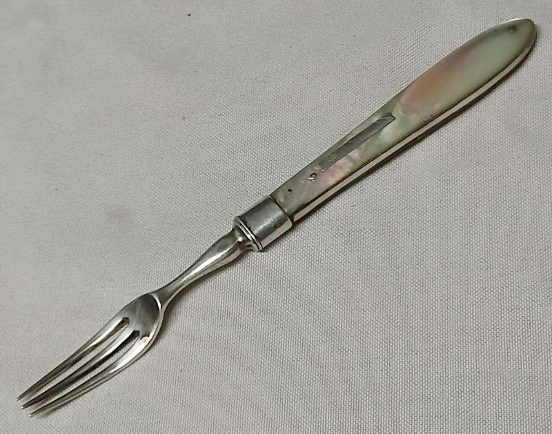 Antique Silverplate Fruit/Dessert Fork c.1900  Mother of Pearl Handle, Marked M&S