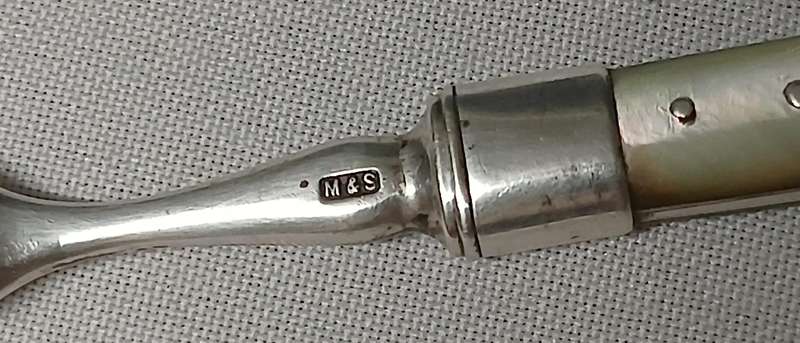 Antique Silverplate Fruit/Dessert Fork c.1900  Mother of Pearl Handle, Marked M&S