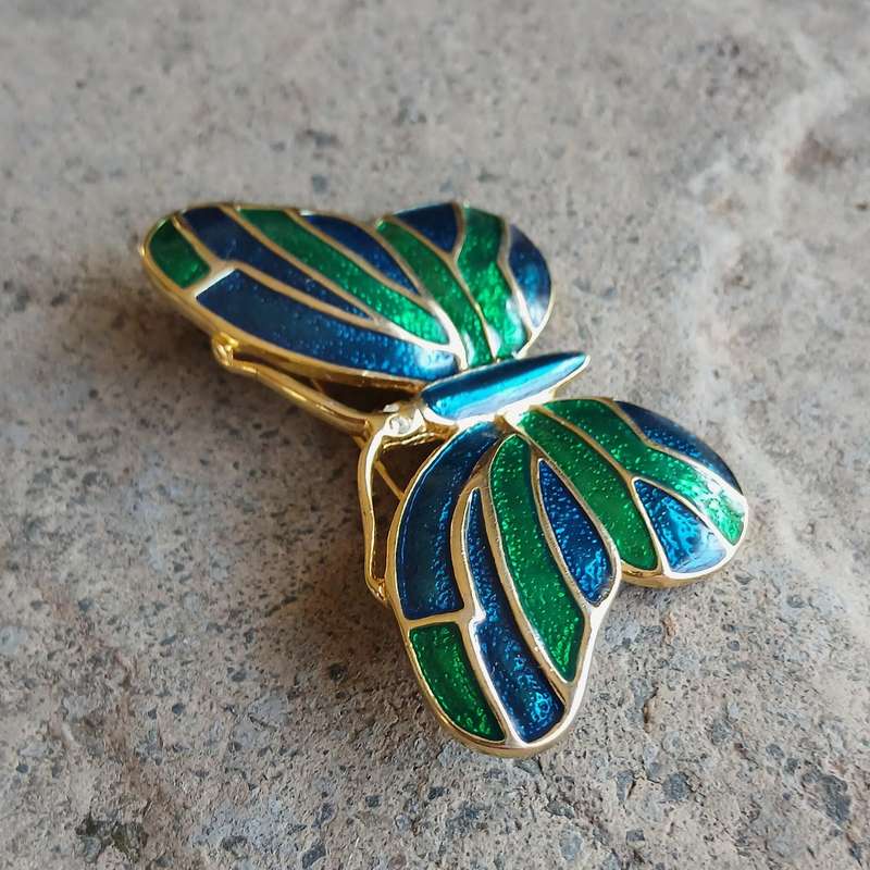 Elegant Vintage Gold-Tone Butterfly Brooch with Blue & Green Enamel