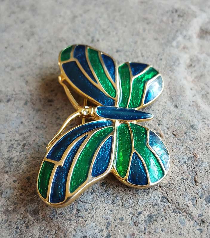 Elegant Vintage Gold-Tone Butterfly Brooch with Blue & Green Enamel
