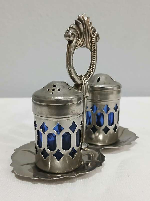 Vintage Silver-Plated and Cobalt Blue Glass Salt and Pepper Set with Ornate Caddy