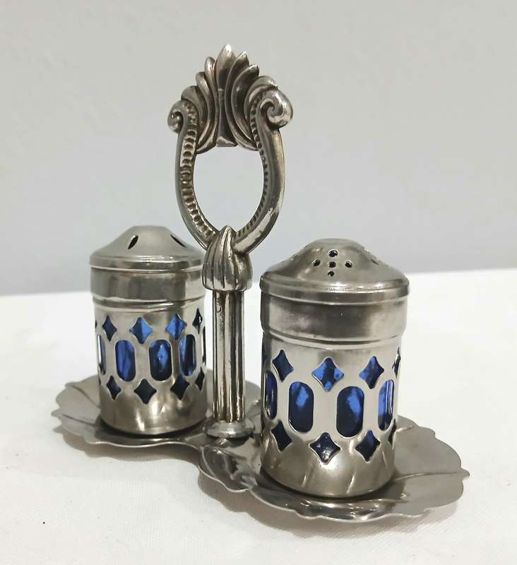 Vintage Silver-Plated and Cobalt Blue Glass Salt and Pepper Set with Ornate Caddy