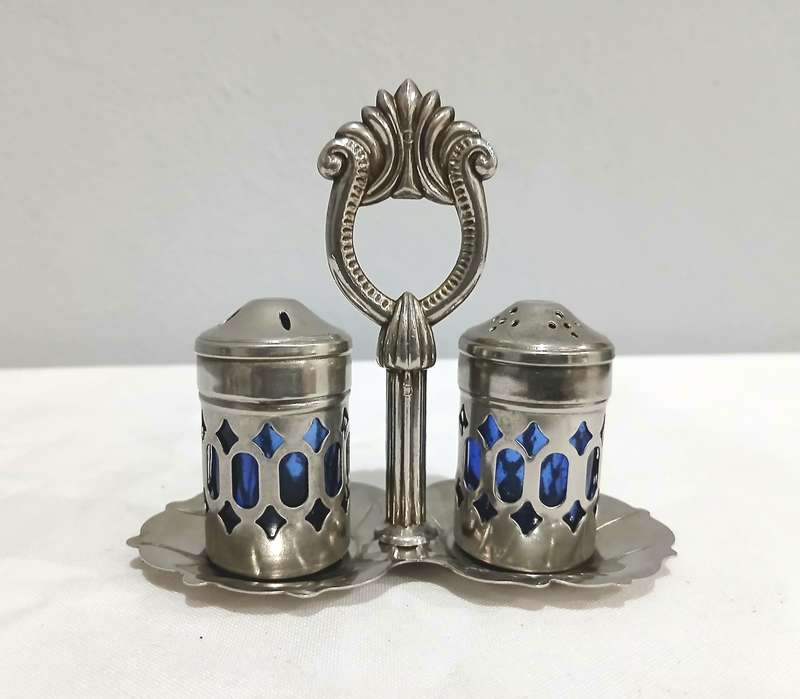 Vintage Silver-Plated and Cobalt Blue Glass Salt and Pepper Set with Ornate Caddy