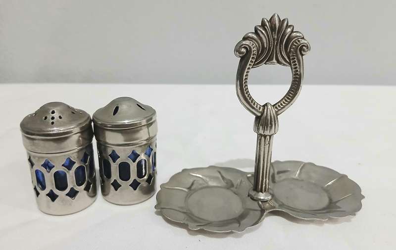 Vintage Silver-Plated and Cobalt Blue Glass Salt and Pepper Set with Ornate Caddy