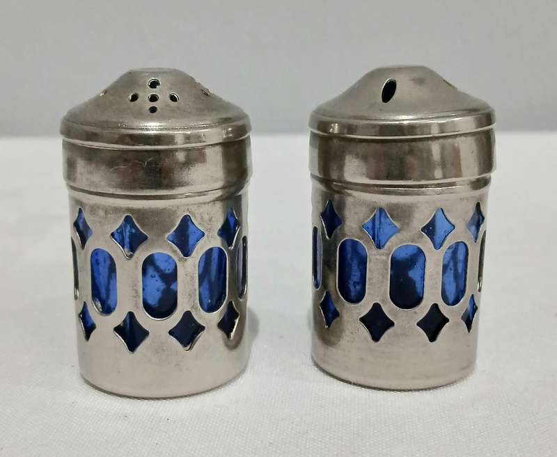 Vintage Silver-Plated and Cobalt Blue Glass Salt and Pepper Set with Ornate Caddy