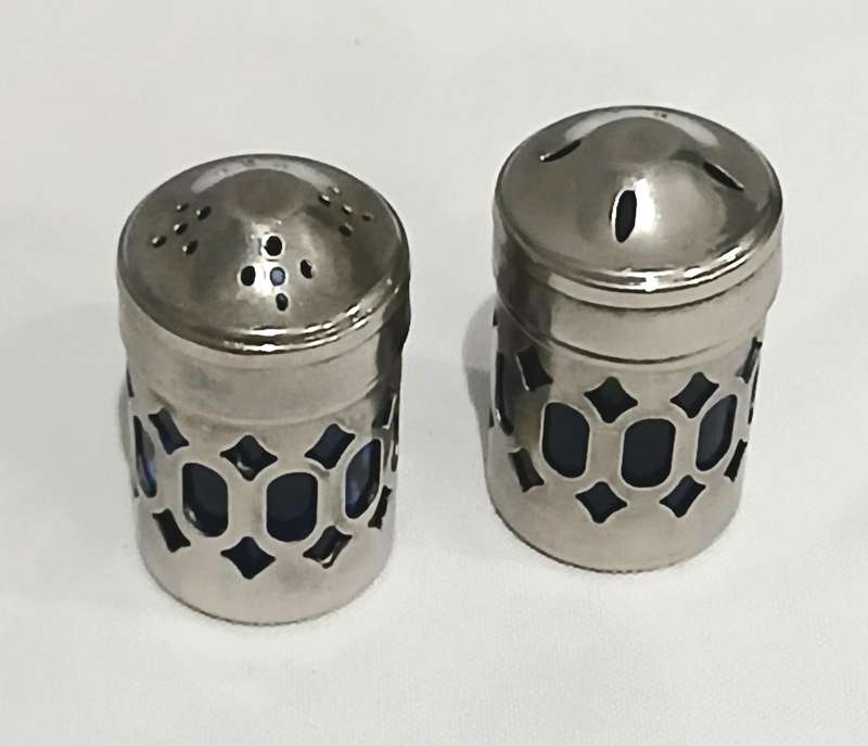 Vintage Silver-Plated and Cobalt Blue Glass Salt and Pepper Set with Ornate Caddy