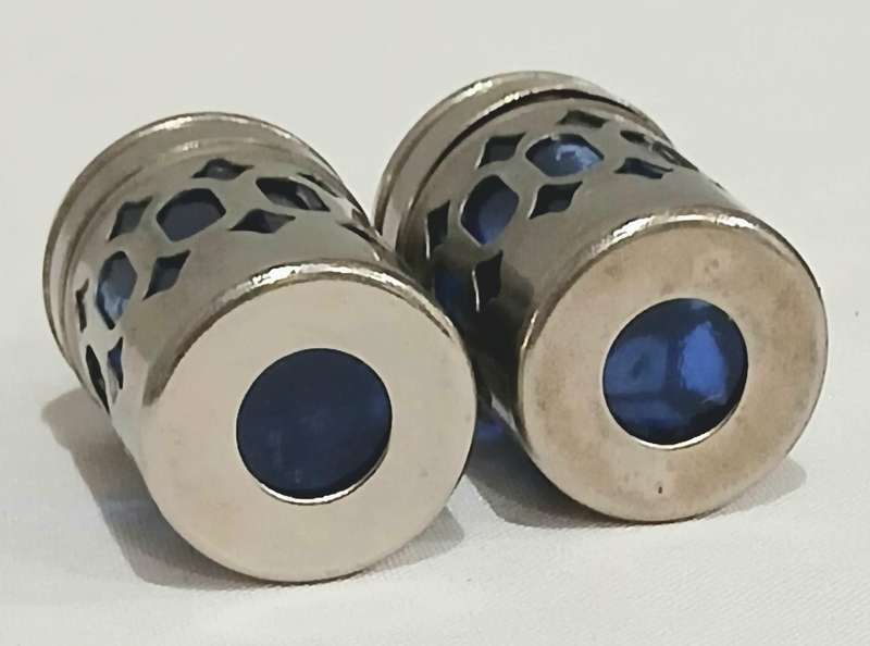 Vintage Silver-Plated and Cobalt Blue Glass Salt and Pepper Set with Ornate Caddy