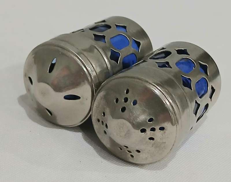 Vintage Silver-Plated and Cobalt Blue Glass Salt and Pepper Set with Ornate Caddy