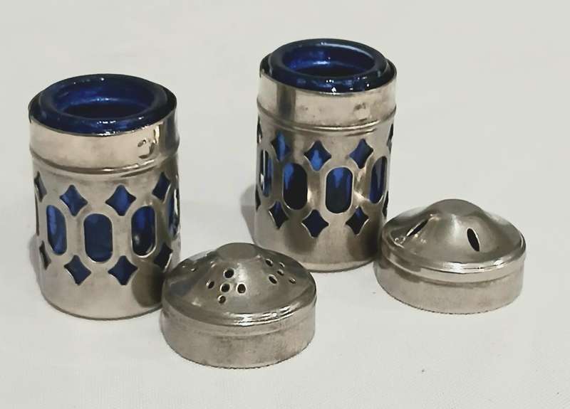 Vintage Silver-Plated and Cobalt Blue Glass Salt and Pepper Set with Ornate Caddy