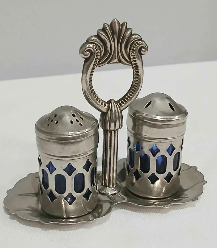 Vintage Silver-Plated and Cobalt Blue Glass Salt and Pepper Set with Ornate Caddy