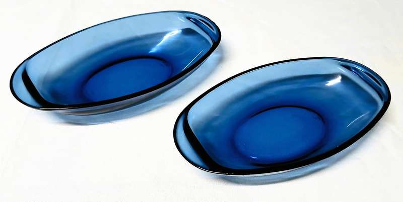 Pair of Vintage Vereco Sapphire Blue Glass Bowls | French Mid-Century Pressed Glass